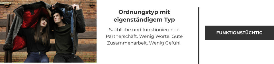 Ordnungstyp mit eigenständigem Typ  Sachliche und funktionierende Partnerschaft. Wenig Worte. Gute Zusammenarbeit. Wenig Gefühl. FUNKTIONSTÜCHTIG